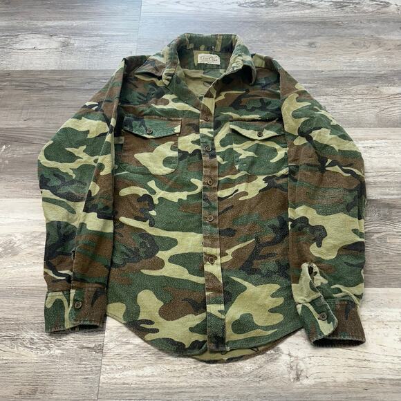 Vintage 60s 70s Camo Shirt Jacket Woodland Camouflage Mens M Button Shacket - Picture 1 of 7